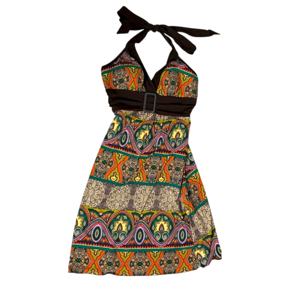 Vintage Y2K BCX Small Brown Multicolor Paisley Halter Neck Dress Hippie Boho